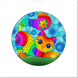 Adorable Kitty Stained Glass Design Pattern Posters and Art